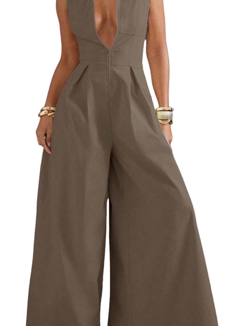 Sleeveless Deep V Wide-Leg Jumpsuit - Brown